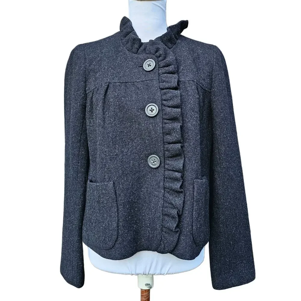 J.Crew Fiona Wool Tweed Ruffle Blazer Jacket Gray Charcoal Size 6 Pockets Preppy